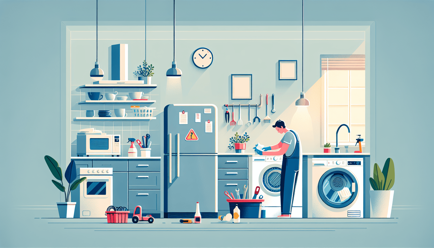 Homeowner performing appliance maintenance in a kitchen