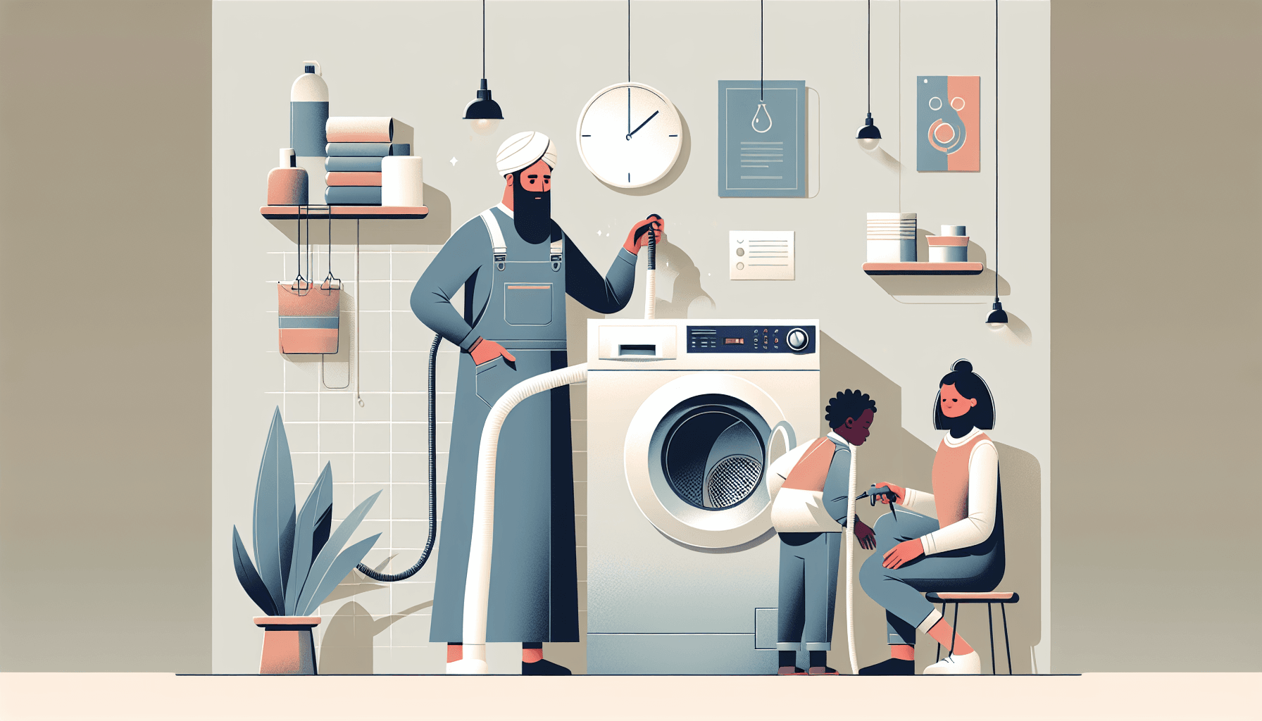 Family performing washer and dryer maintenance